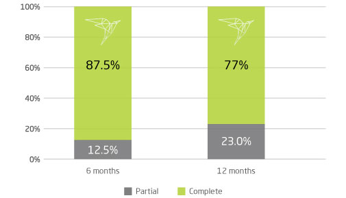 Relief of haemorrhagic cystitis symptoms: complete remission 87.5% and partial 12.5% at 6 months; complete 77% and partial 23% at 12 months