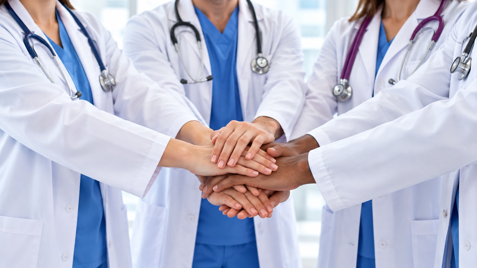 A team of doctors and nurses joining hands