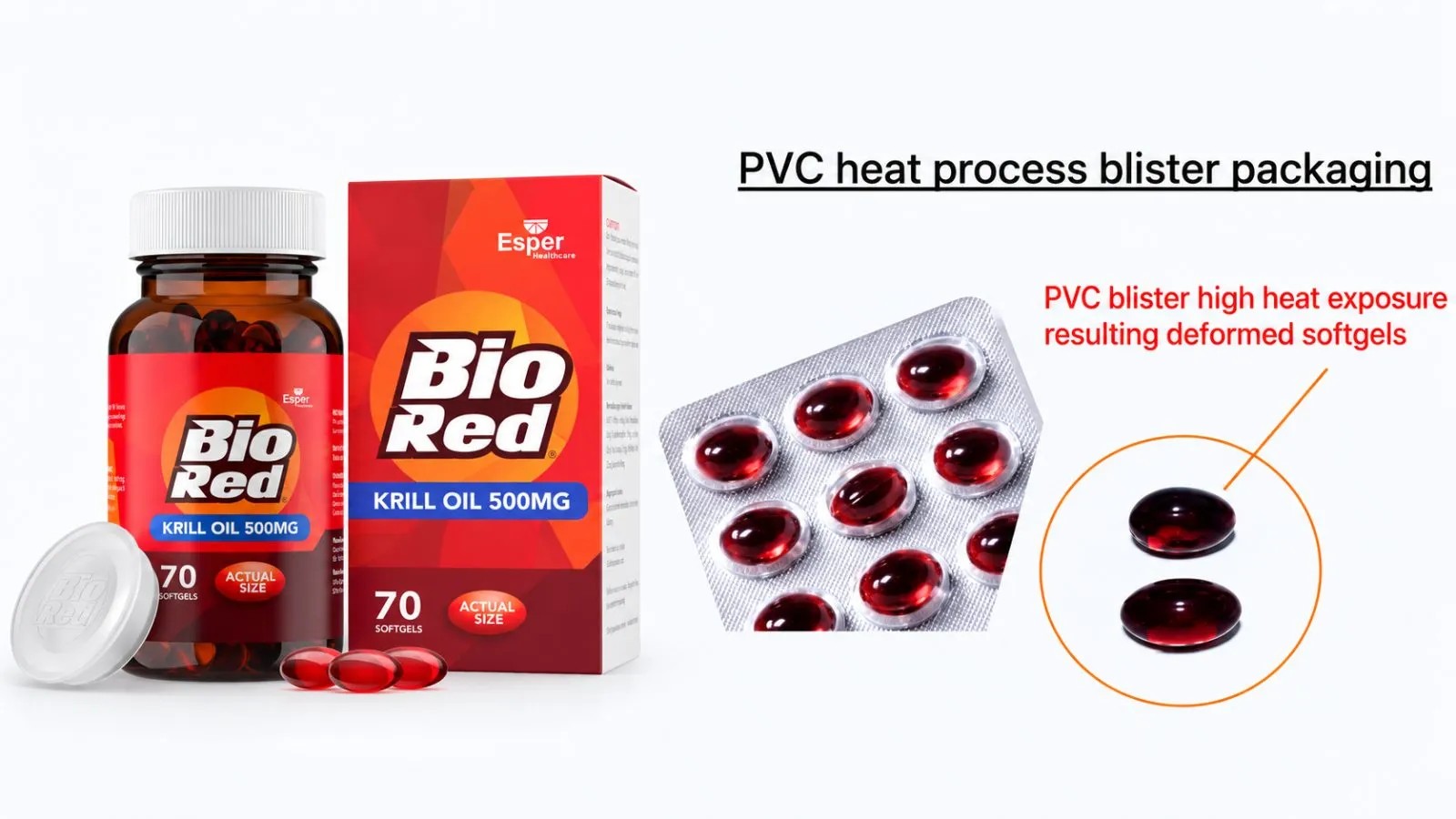 BioRed Krill Oil amber glass bottle and carton beside a PVC heat process blister pack, where PVC blister high heat exposure results in deformed softgels