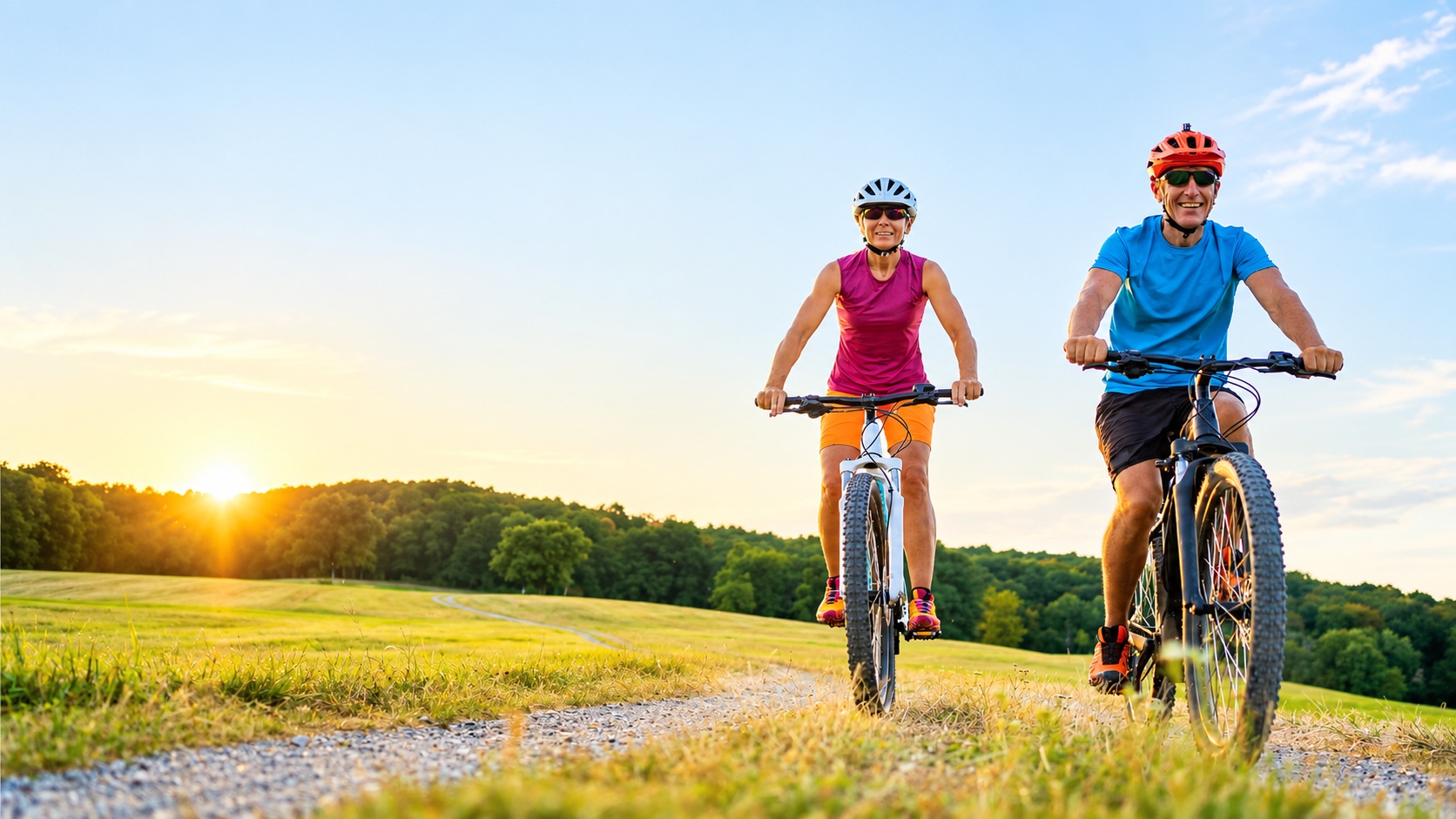 An active older couple cycling along a countryside trail at sunset
