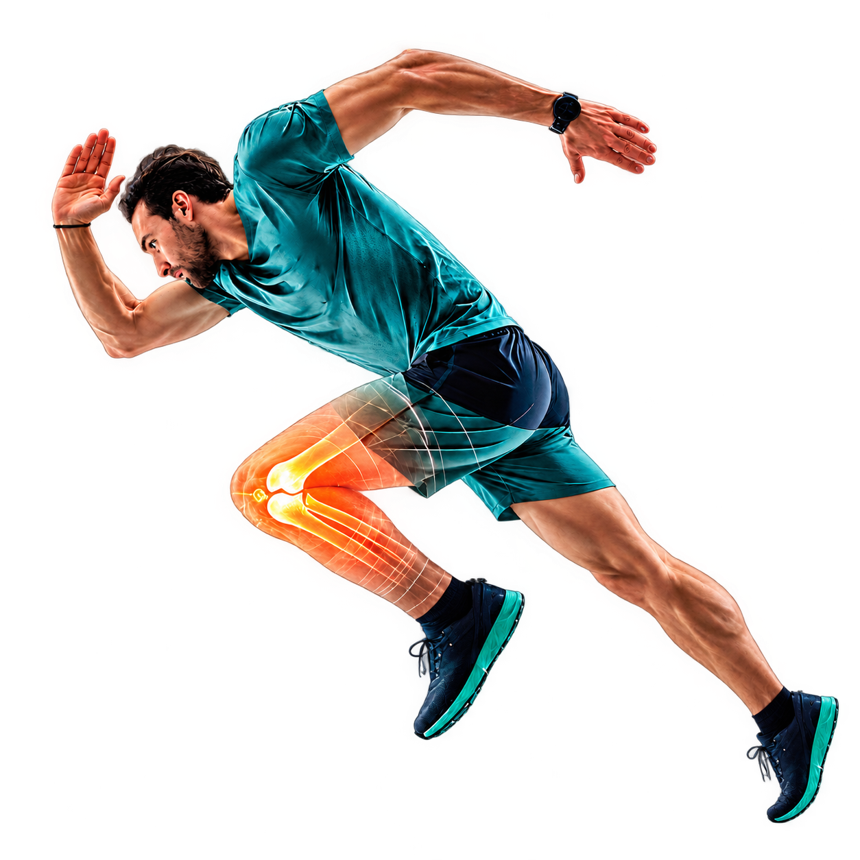 A runner in mid-stride with the knee joint highlighted