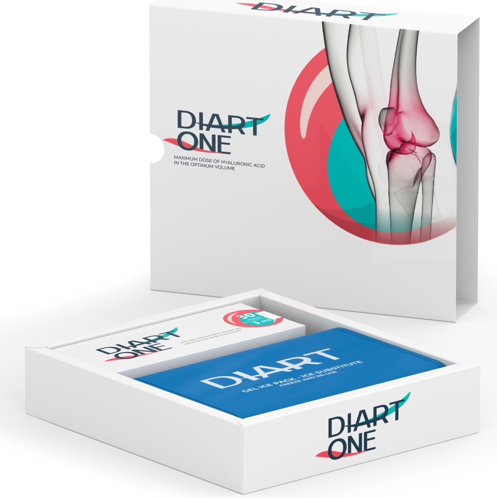 The DIART ONE set: outer box, DIART ONE syringe carton and the DIART&reg; gel ice pack