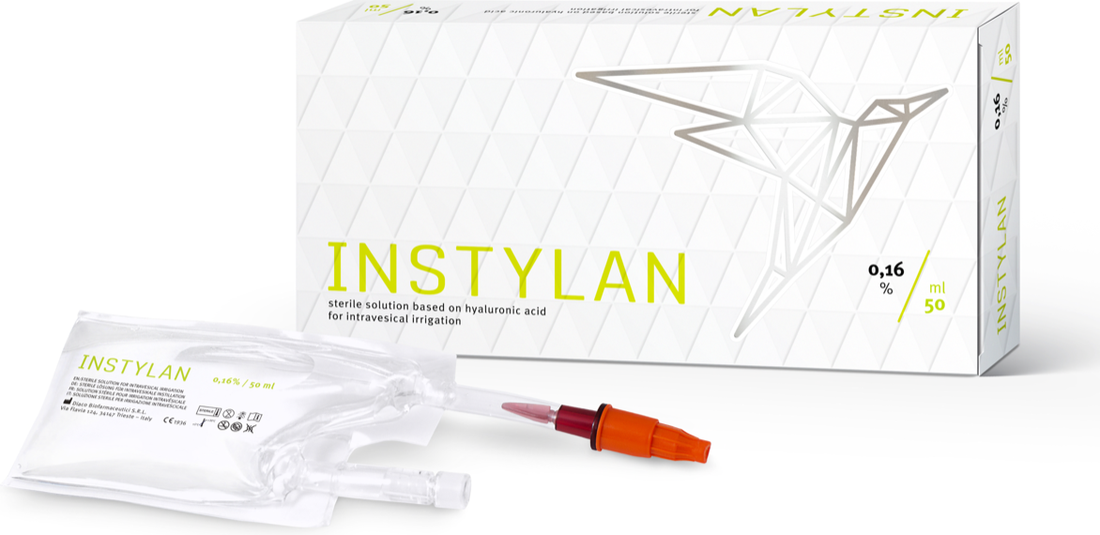INSTYLAN&reg; sterile hyaluronic acid solution carton and 50ml pre-filled bag with catheter adapter