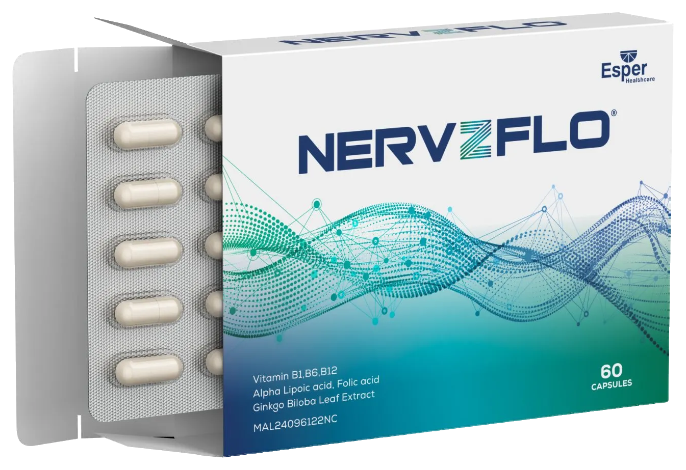 Nervzflo 60-capsule carton, opened to show the blister packs